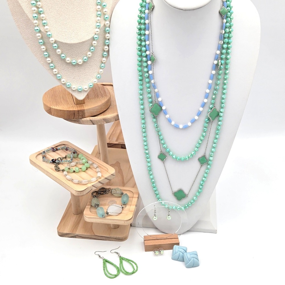 Mint and Mist Curated Jewelry Lot Green Blue White Silver Tone 12pc Set